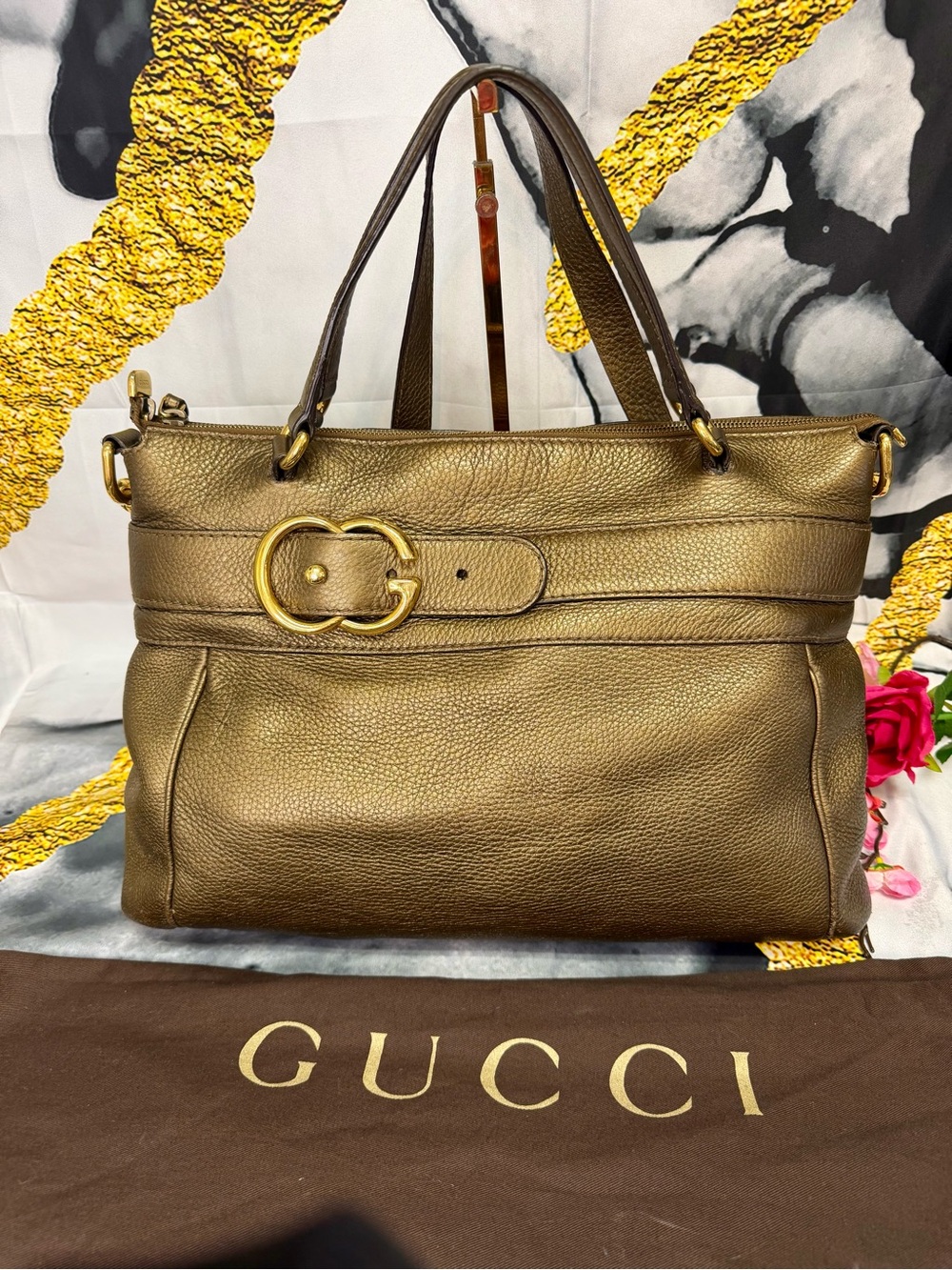 Gucci Bronze Leather Top-Handle Shoulder Bag with Gold Hardware